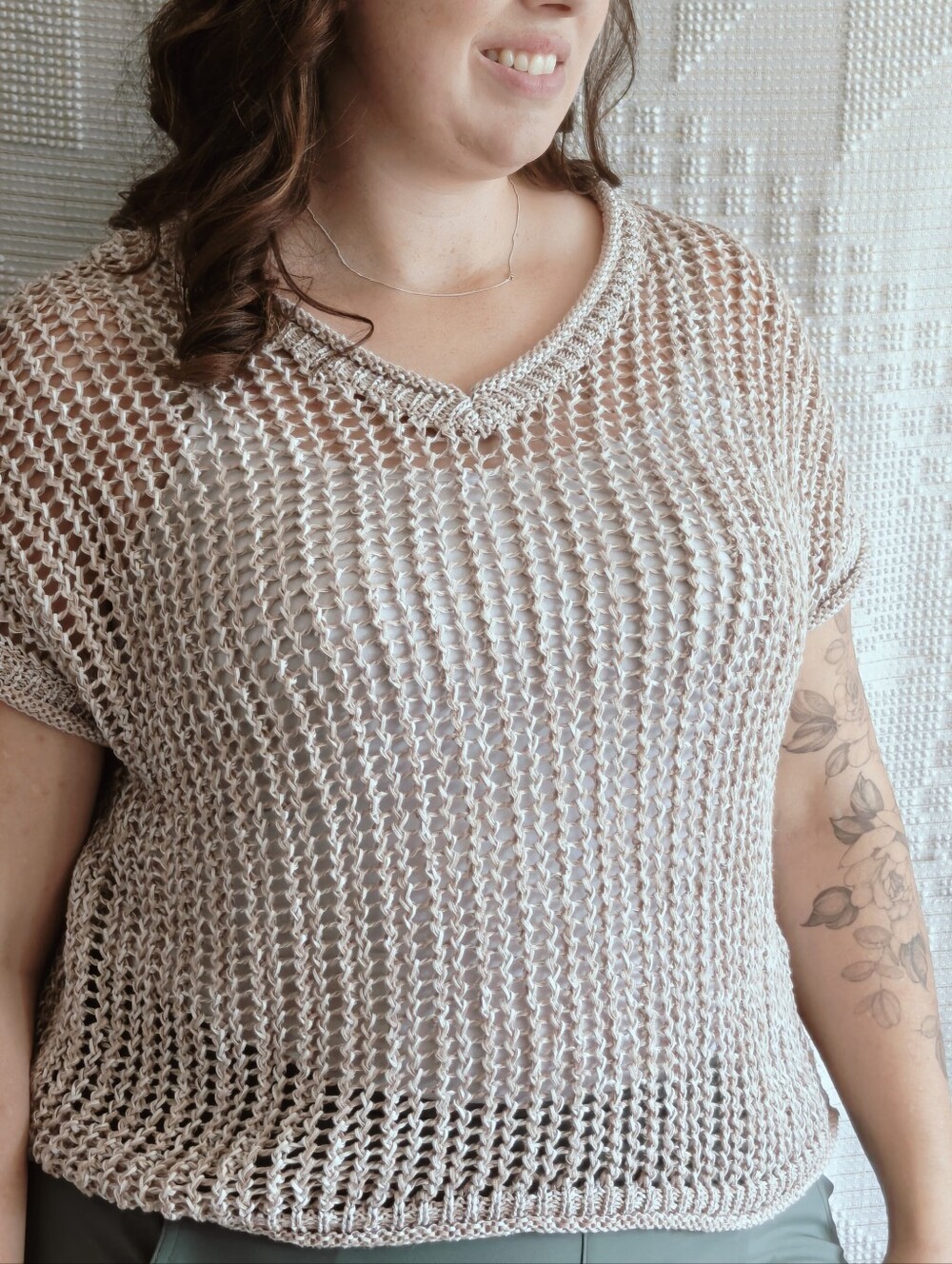 Soyaconcept Rudi 2 Open Knit V-Neck Sweater Short Sleeve Cream Melange Top Small